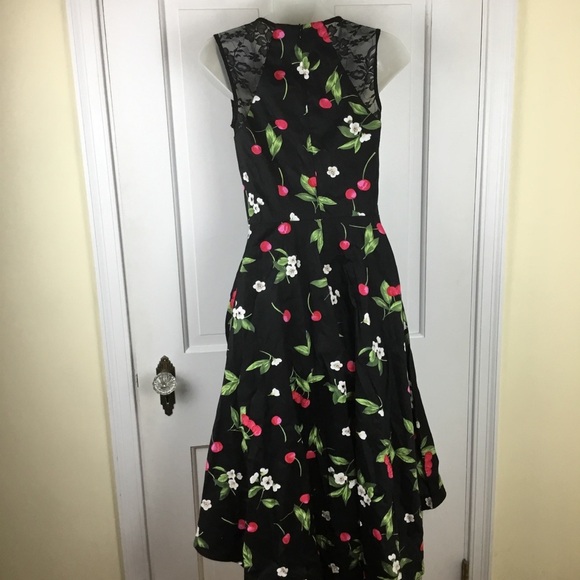 Womens Rockabilly Black Cherry Print Fit-and-Flare Midi Dress - Picture 7 of 9